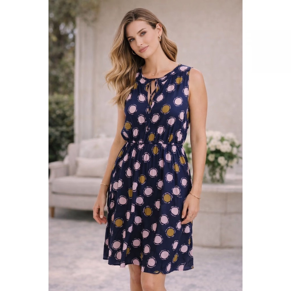 Boden Dress Size 6 Blue Pink‎ Gold Polka Dot Sleeveless Knee Length Cotton Lined